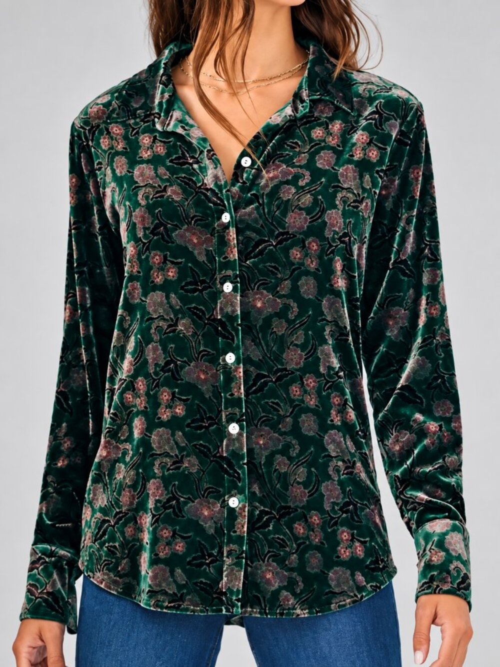 FAHERTY Genevieve Silk Blend Velvet Blossom Green Floral Paisley Shirt Top SZ XL
